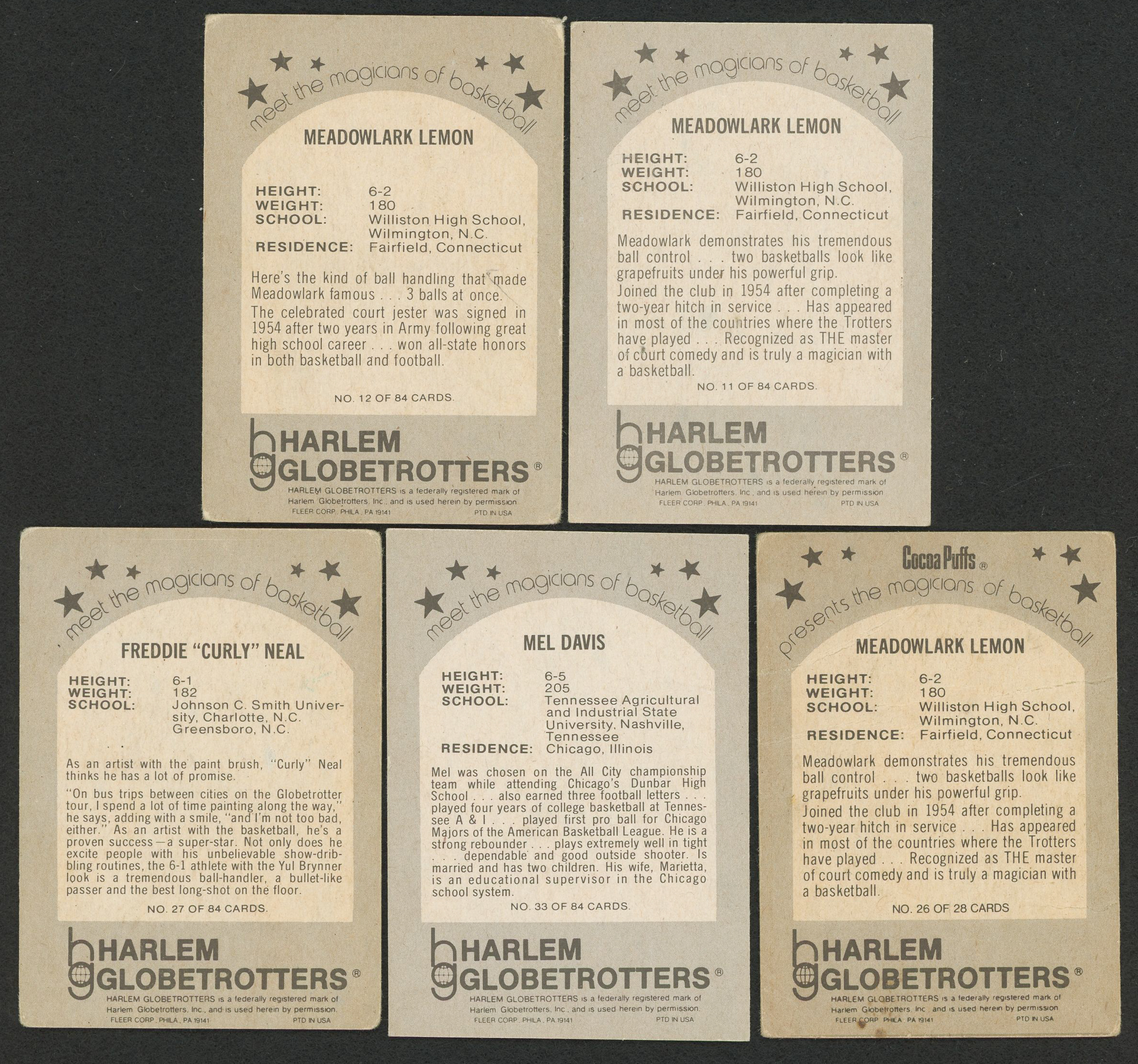 Lot of (5) 1971-72 Globetrotters with #27 Freddie Curly Neal, #33 Mel Davis, #26 Meadowlark Lemon, #12 Meadowlark Lemon & #11 Meadowlark Lemon at PristineAuction.com Lot of (5) 1971-72 Globetrotters with #27 Freddie Curly Neal, #33 Mel Davis, #26 Meadowlark Lemon, #12 Meadowlark Lemon & #11 Meadowlark Lemon at PristineAuction.com