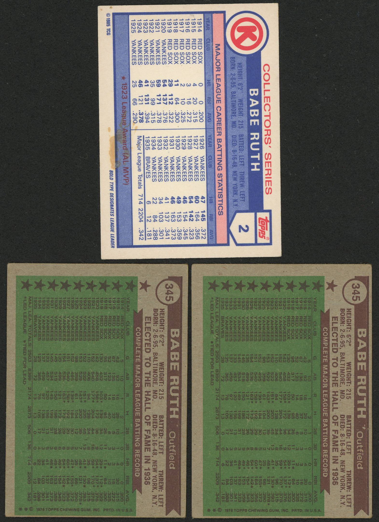 Lot of (3) Babe Ruth Baseball Cards with (2) 1976 Topps #345 ATG & 1985 Circle K #2 at PristineAuction.com Lot of (3) Babe Ruth Baseball Cards with (2) 1976 Topps #345 ATG & 1985 Circle K #2 at PristineAuction.com