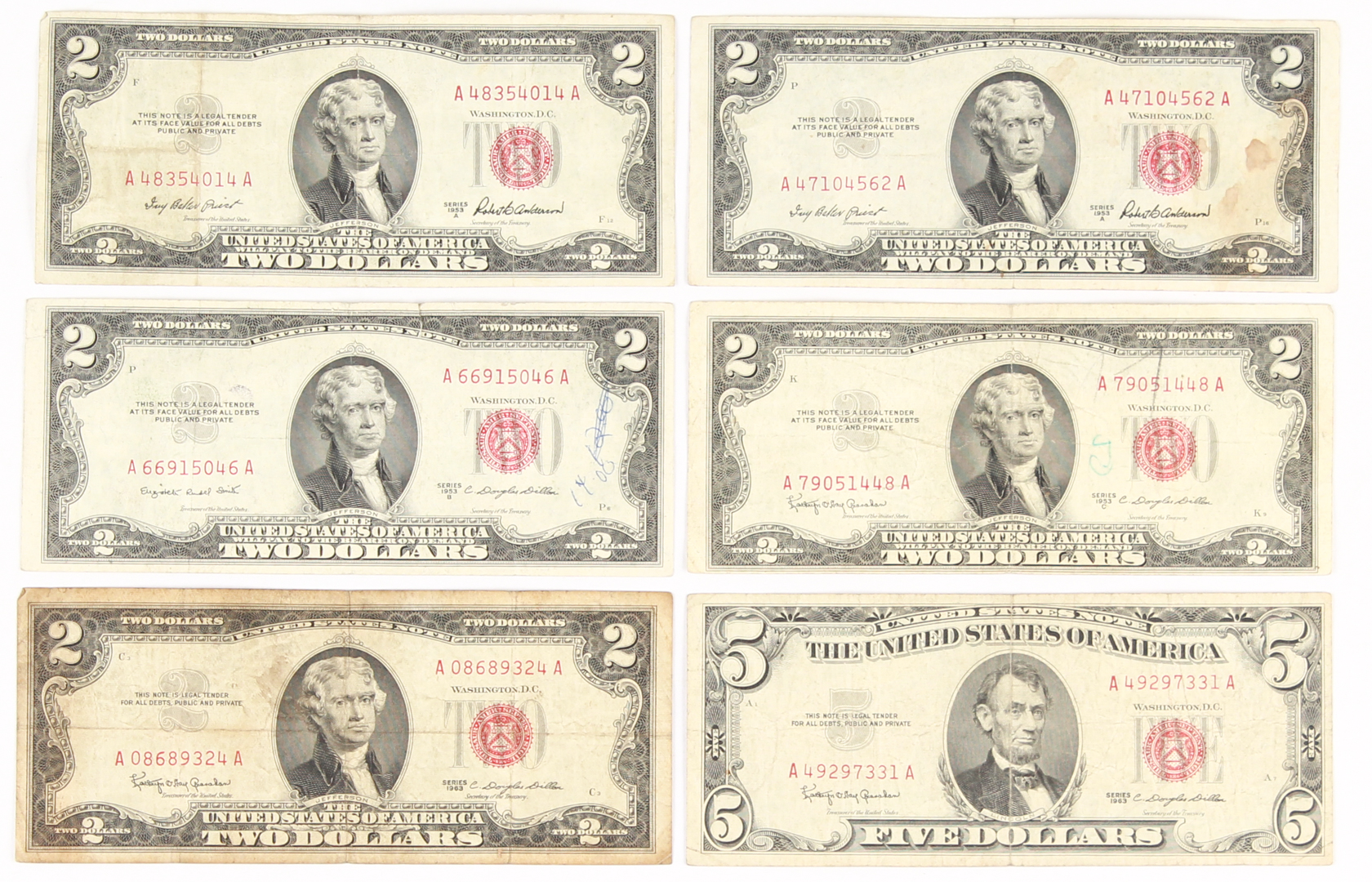 Lot of (6) Red Seal Federal Reserve Notes with (5) 1953-A $2 Two-Dollar Bills and (1) 1963 $5 Five-Dollar Bill at PristineAuction.com Lot of (6) Red Seal Federal Reserve Notes with (5) 1953-A $2 Two-Dollar Bills and (1) 1963 $5 Five-Dollar Bill at PristineAuction.com
