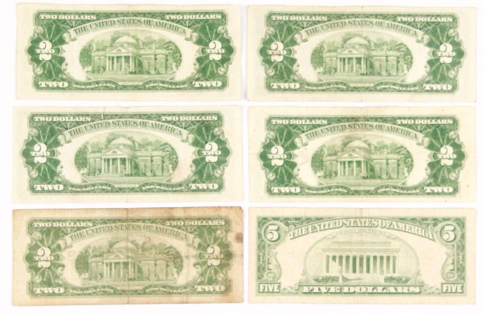 Lot of (6) Red Seal Federal Reserve Notes with (5) 1953-A $2 Two-Dollar Bills and (1) 1963 $5 Five-Dollar Bill at PristineAuction.com Lot of (6) Red Seal Federal Reserve Notes with (5) 1953-A $2 Two-Dollar Bills and (1) 1963 $5 Five-Dollar Bill at PristineAuction.com