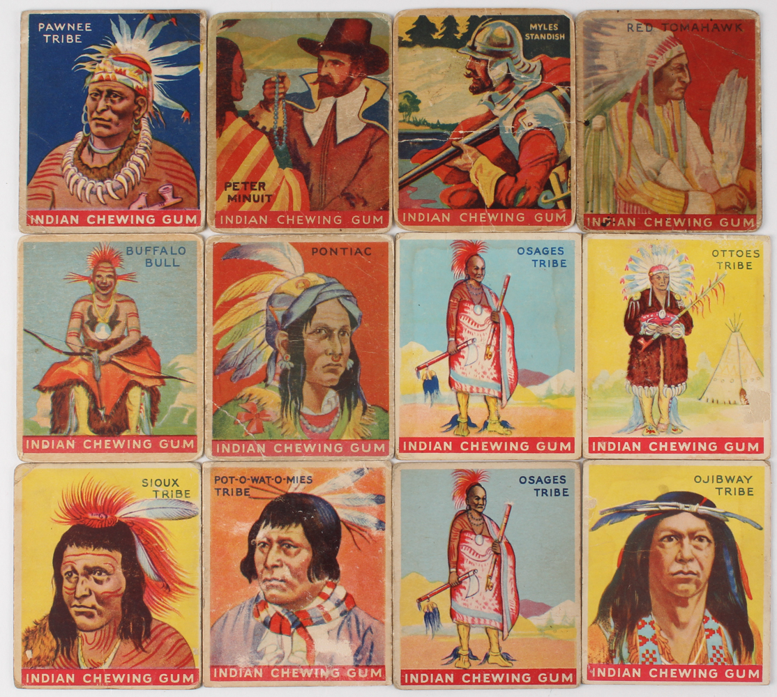 Lot of (12) 1933 Indian Gum R73 Vintage Trading Cards with #17 Osages Tribe, #118 Pawnee Tribe, #28 Pontiac, #36 Buaffalo Bill, #48 Red Tomahawk at PristineAuction.com Lot of (12) 1933 Indian Gum R73 Vintage Trading Cards with #17 Osages Tribe, #118 Pawnee Tribe, #28 Pontiac, #36 Buaffalo Bill, #48 Red Tomahawk at PristineAuction.com