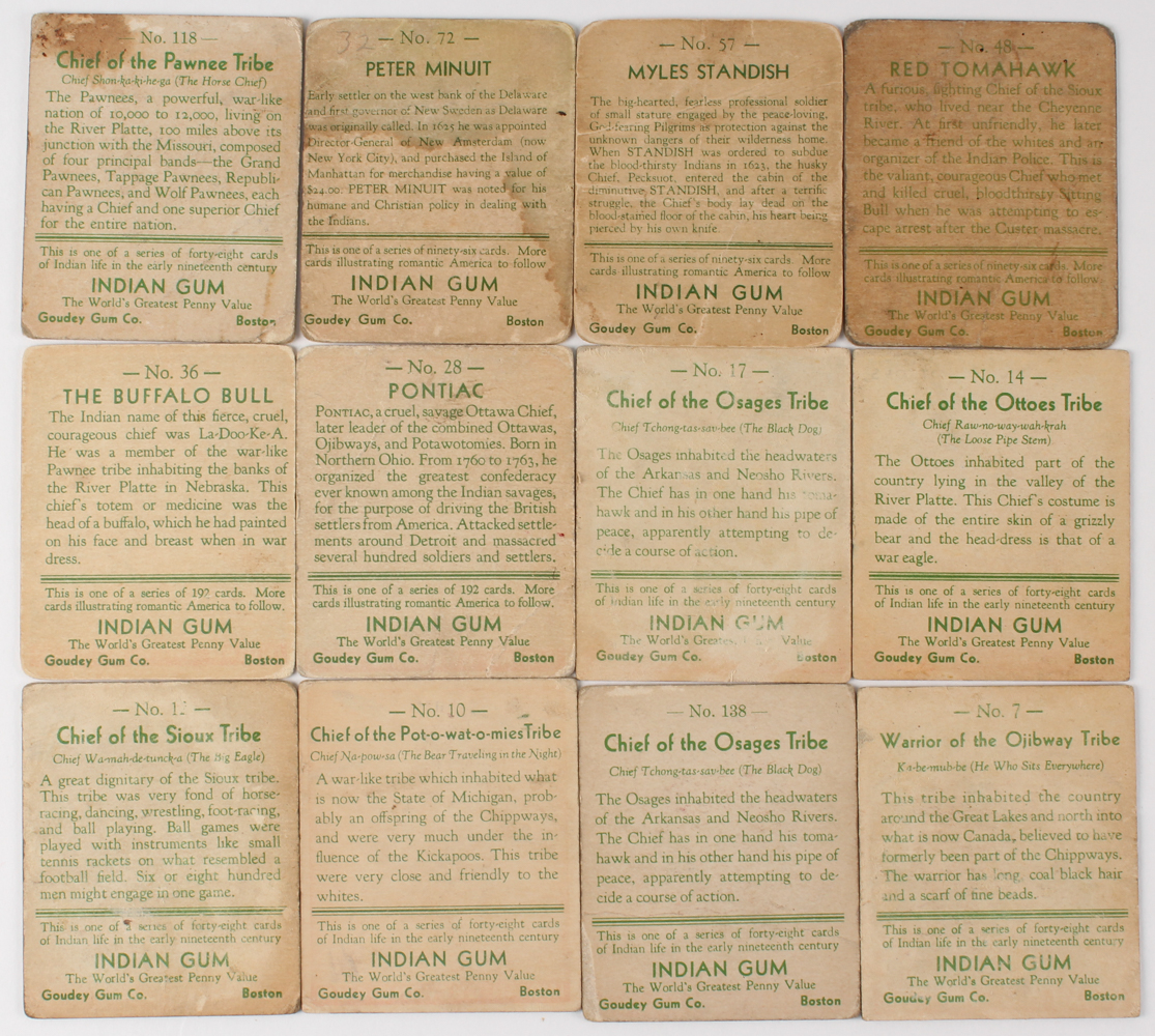 Lot of (12) 1933 Indian Gum R73 Vintage Trading Cards with #17 Osages Tribe, #118 Pawnee Tribe, #28 Pontiac, #36 Buaffalo Bill, #48 Red Tomahawk at PristineAuction.com Lot of (12) 1933 Indian Gum R73 Vintage Trading Cards with #17 Osages Tribe, #118 Pawnee Tribe, #28 Pontiac, #36 Buaffalo Bill, #48 Red Tomahawk at PristineAuction.com
