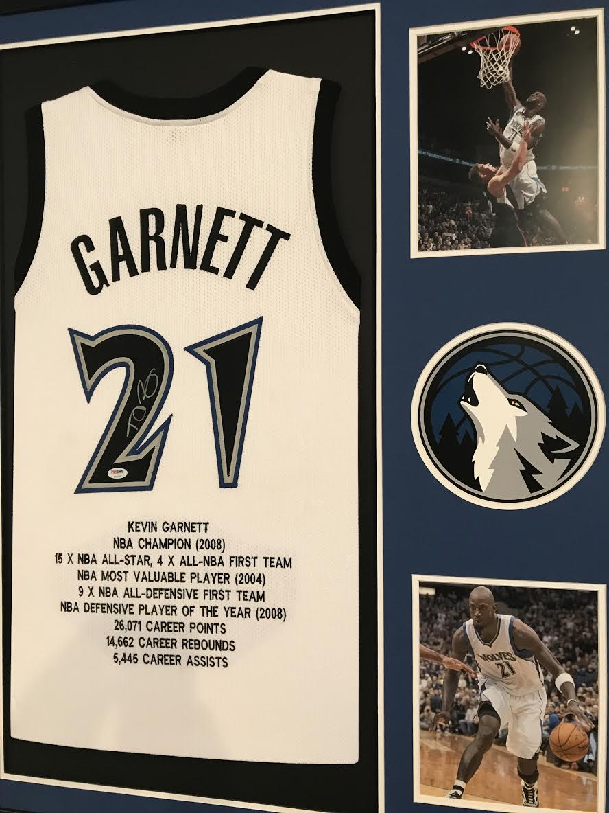 Kevin Garnett Signed Highlight Career Stat Timberwolves 34" x 42" Custom Framed Jersey (PSA COA) at PristineAuction.com Kevin Garnett Signed Highlight Career Stat Timberwolves 34" x 42" Custom Framed Jersey (PSA COA) at PristineAuction.com