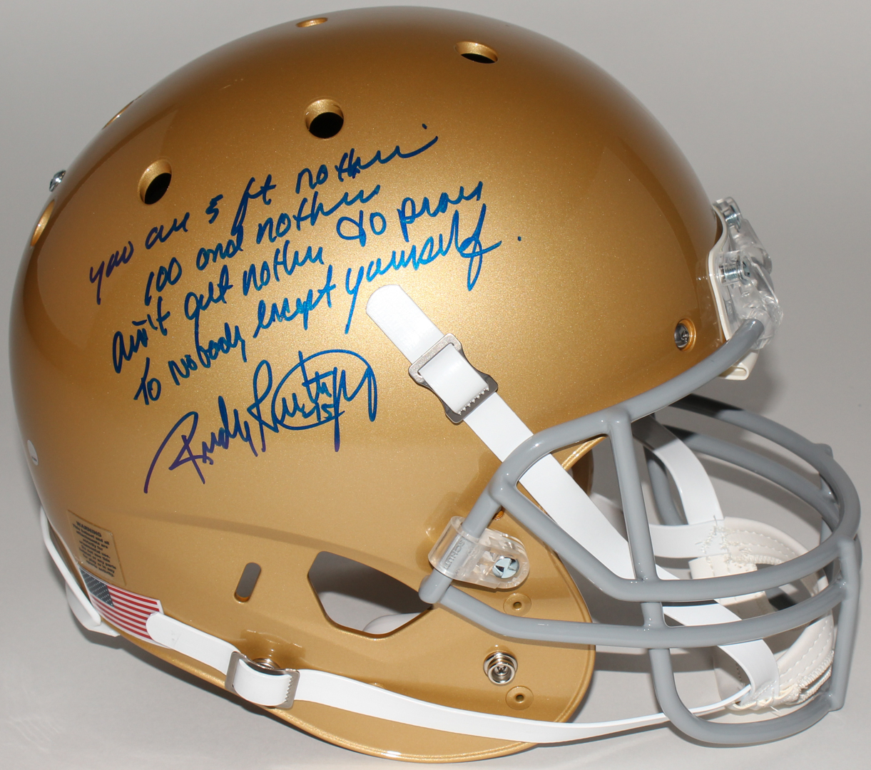 Rudy Ruettiger Signed Full-Size Notre Dame Fighting Irish Helmet with "Five Foot Nothin'" Inscription (Steiner COA) at PristineAuction.com Rudy Ruettiger Signed Full-Size Notre Dame Fighting Irish Helmet with "Five Foot Nothin'" Inscription (Steiner COA) at PristineAuction.com