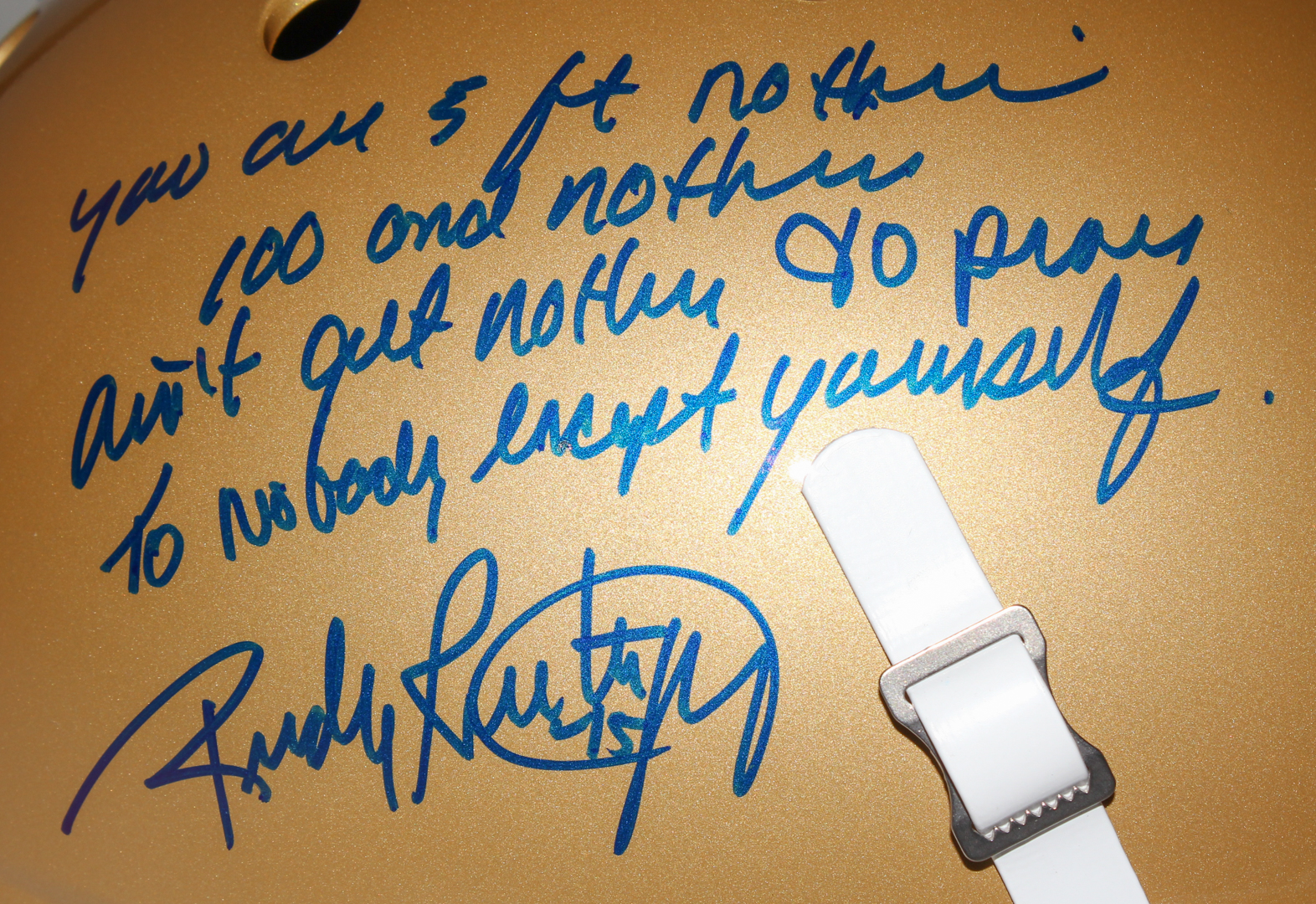Rudy Ruettiger Signed Full-Size Notre Dame Fighting Irish Helmet with "Five Foot Nothin'" Inscription (Steiner COA) at PristineAuction.com Rudy Ruettiger Signed Full-Size Notre Dame Fighting Irish Helmet with "Five Foot Nothin'" Inscription (Steiner COA) at PristineAuction.com