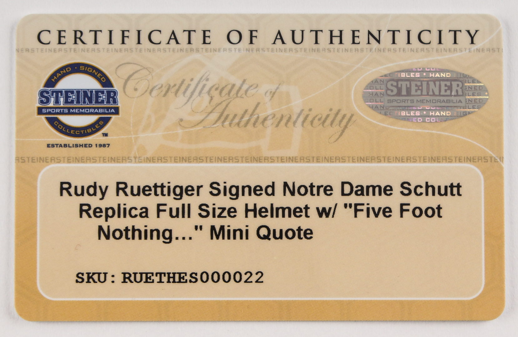Rudy Ruettiger Signed Full-Size Notre Dame Fighting Irish Helmet with "Five Foot Nothin'" Inscription (Steiner COA) at PristineAuction.com Rudy Ruettiger Signed Full-Size Notre Dame Fighting Irish Helmet with "Five Foot Nothin'" Inscription (Steiner COA) at PristineAuction.com