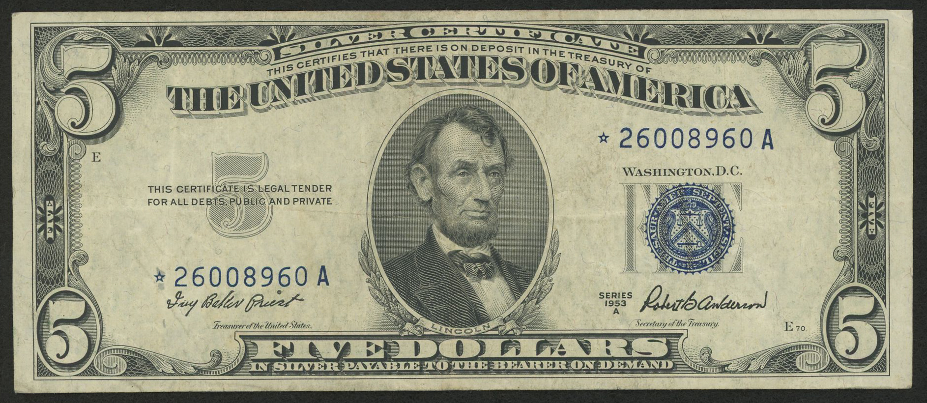 1953-A Star Note $5 Five-Dollar Blue Seal Silver Certificate Note at PristineAuction.com 1953-A Star Note $5 Five-Dollar Blue Seal Silver Certificate Note at PristineAuction.com
