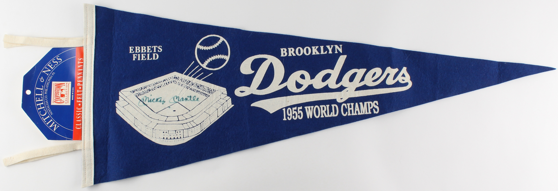 Mickey Mantle Signed Mitchell & Ness Vintage Brooklyn Dodgers Ebbets Field 30" Pennant (JSA ALOA) at PristineAuction.com Mickey Mantle Signed Mitchell & Ness Vintage Brooklyn Dodgers Ebbets Field 30" Pennant (JSA ALOA) at PristineAuction.com