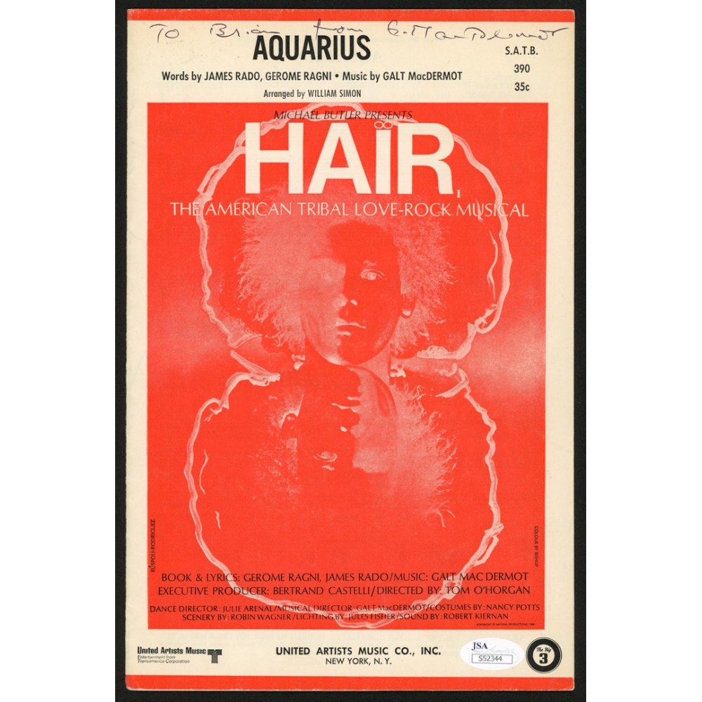 Galt MacDermot Signed Hair "Aquarius" Sheet Music (JSA COA) | Pristine  Auction