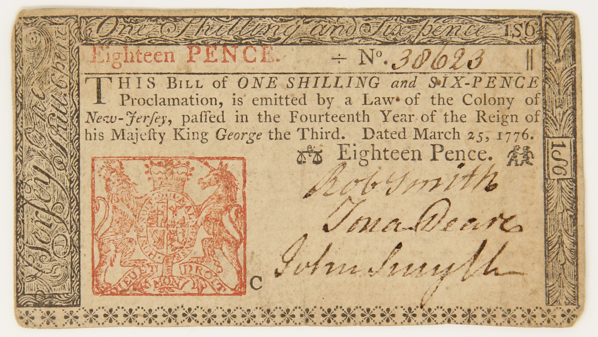 1776 New Jersey 18p. Eighteen-Pence Colonial Currency Note - March 25th, 1776 at PristineAuction.com 1776 New Jersey 18p. Eighteen-Pence Colonial Currency Note - March 25th, 1776 at PristineAuction.com