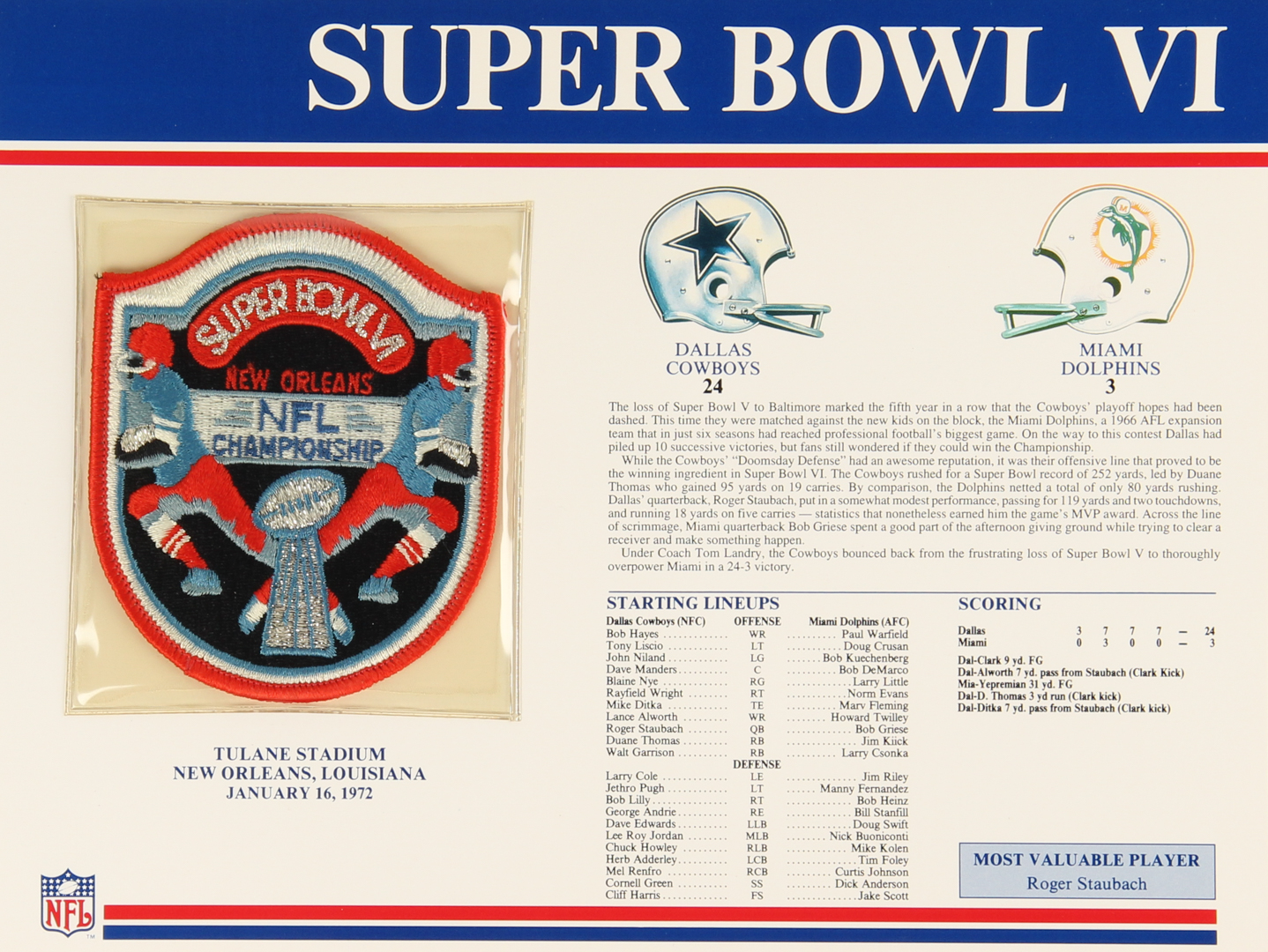 Official Super Bowl VI Patch Card with 9x12 Scorecard: Cowboys vs. Dolphins at PristineAuction.com Official Super Bowl VI Patch Card with 9x12 Scorecard: Cowboys vs. Dolphins at PristineAuction.com
