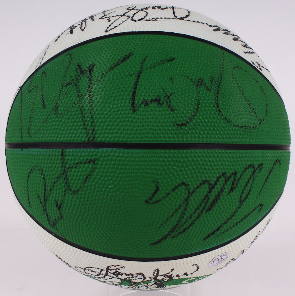 1995-96 Celtics Logo Basketball Team-Signed by (18) with Larry Bird, Dennis Johnson, David Wesley with Display Case (PSA LOA & Bird Hologram) at PristineAuction.com 1995-96 Celtics Logo Basketball Team-Signed by (18) with Larry Bird, Dennis Johnson, David Wesley with Display Case (PSA LOA & Bird Hologram) at PristineAuction.com