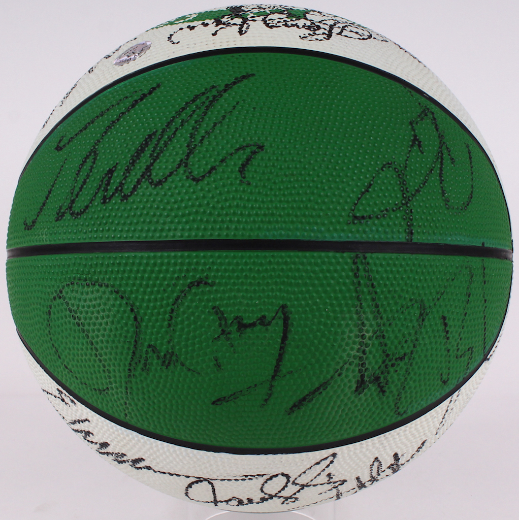1995-96 Celtics Logo Basketball Team-Signed by (18) with Larry Bird, Dennis Johnson, David Wesley with Display Case (PSA LOA & Bird Hologram) at PristineAuction.com 1995-96 Celtics Logo Basketball Team-Signed by (18) with Larry Bird, Dennis Johnson, David Wesley with Display Case (PSA LOA & Bird Hologram) at PristineAuction.com