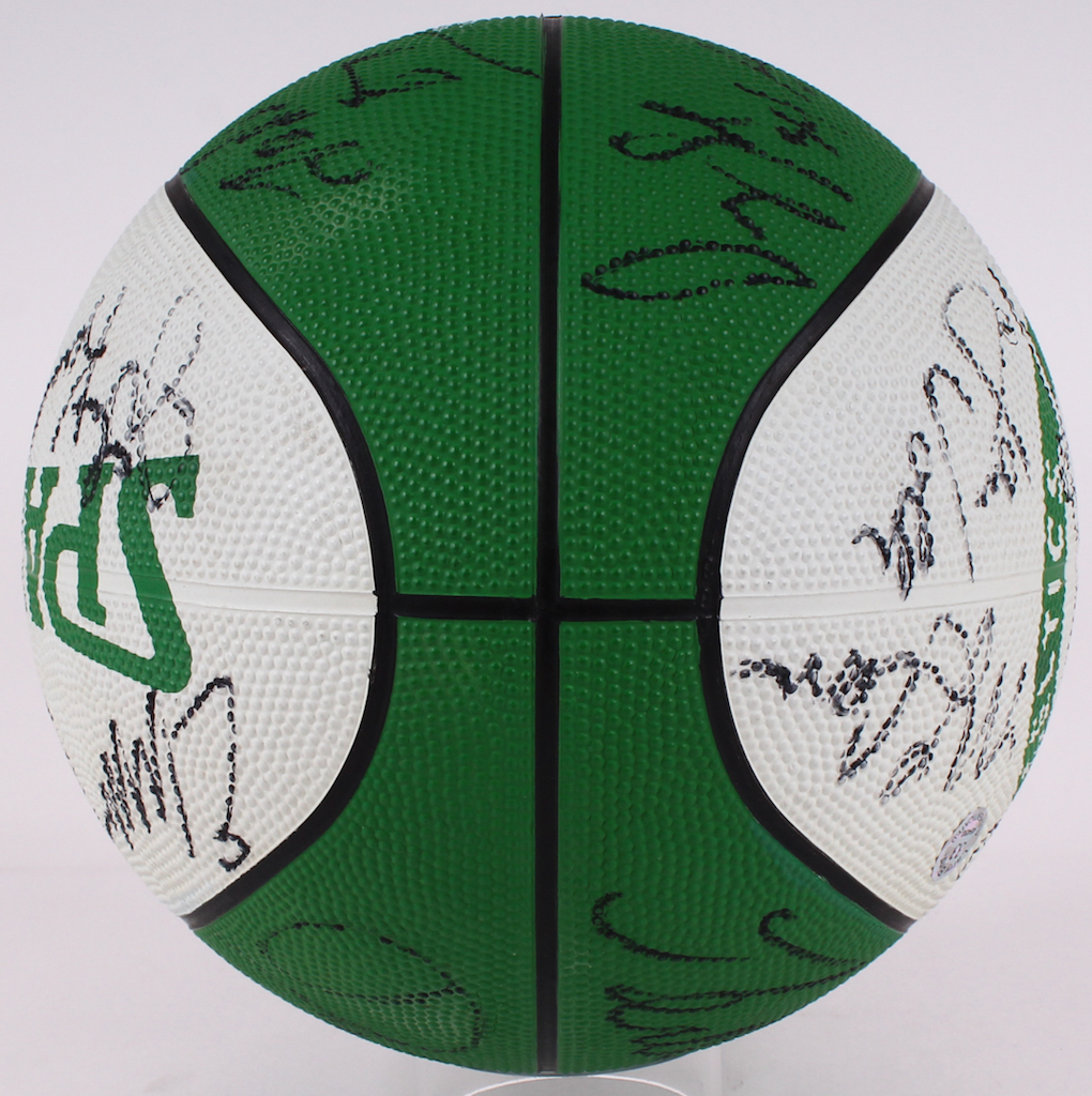 1995-96 Celtics Logo Basketball Team-Signed by (18) with Larry Bird, Dennis Johnson, David Wesley with Display Case (PSA LOA & Bird Hologram) at PristineAuction.com 1995-96 Celtics Logo Basketball Team-Signed by (18) with Larry Bird, Dennis Johnson, David Wesley with Display Case (PSA LOA & Bird Hologram) at PristineAuction.com