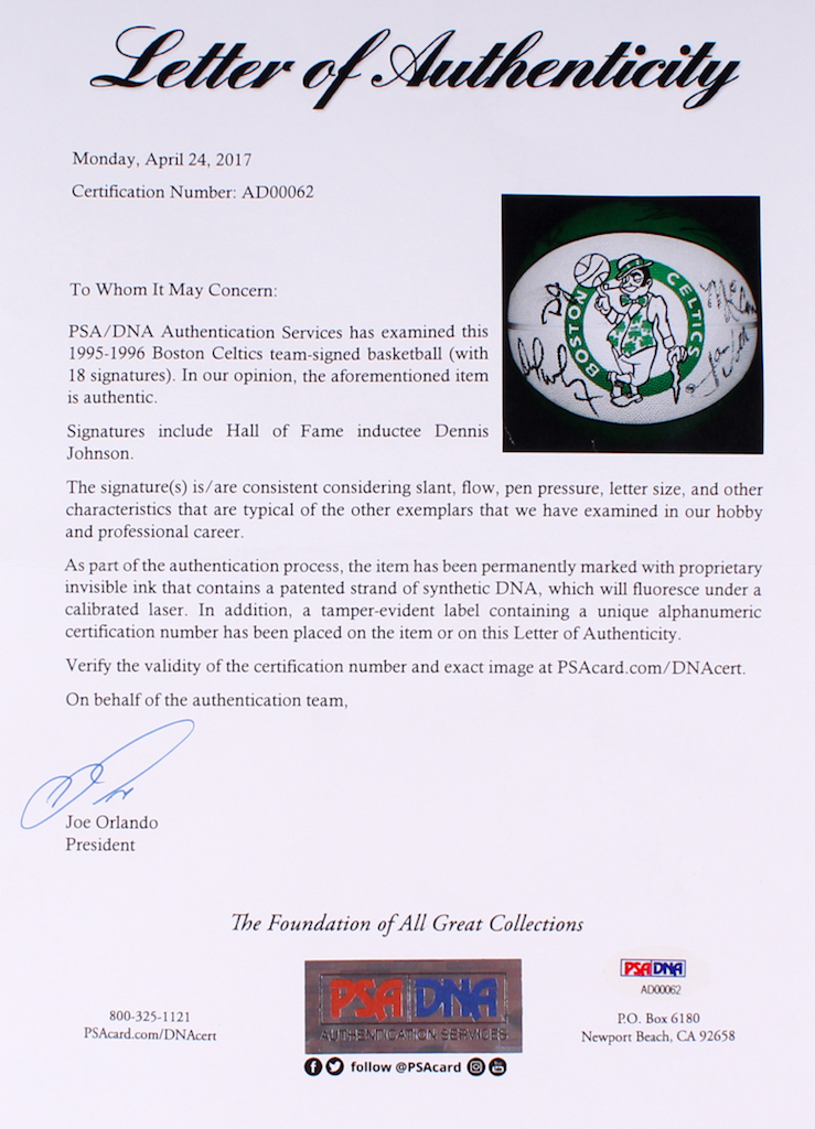 1995-96 Celtics Logo Basketball Team-Signed by (18) with Larry Bird, Dennis Johnson, David Wesley with Display Case (PSA LOA & Bird Hologram) at PristineAuction.com 1995-96 Celtics Logo Basketball Team-Signed by (18) with Larry Bird, Dennis Johnson, David Wesley with Display Case (PSA LOA & Bird Hologram) at PristineAuction.com