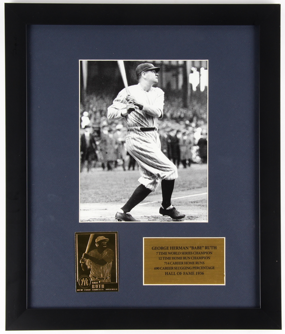 Babe Ruth Yankees 16x19 Custom Framed Photo Display with 22kt Gold Card at PristineAuction.com Babe Ruth Yankees 16x19 Custom Framed Photo Display with 22kt Gold Card at PristineAuction.com