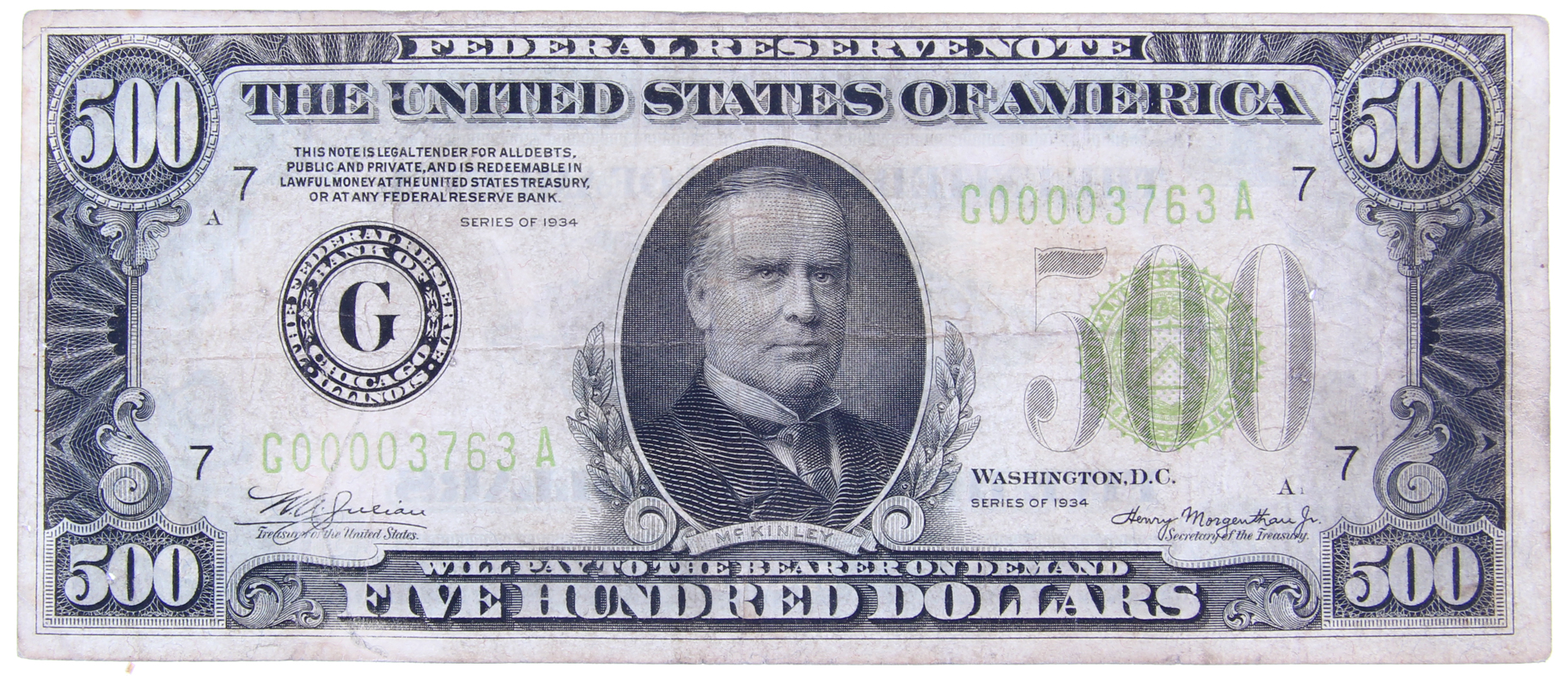 1934 $500 Five-Hundred Dollar Federal Reserve Bank Note (Fr. 2201, Federal Reserve Bank of Chicago, Illinois) at PristineAuction.com 1934 $500 Five-Hundred Dollar Federal Reserve Bank Note (Fr. 2201, Federal Reserve Bank of Chicago, Illinois) at PristineAuction.com