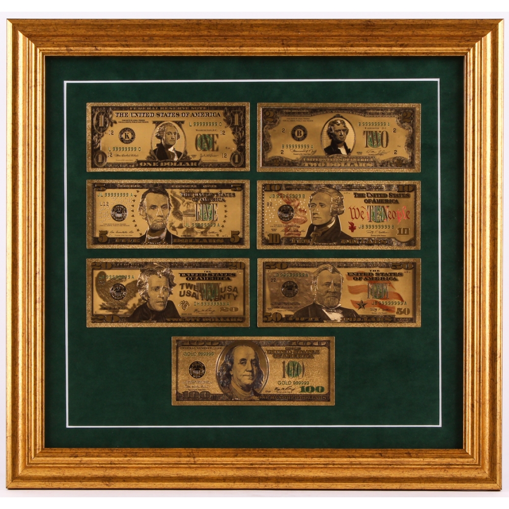 Set of (7) 24K Gold Plated US Bills 17.75x18.75 Custom Framed Display