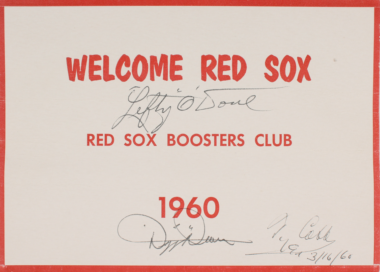 Dizzy Dean, Ty Cobb & Lefty O'Doul Signed 1960 Red Sox 7x5 Boosters Club Plaque (Beckett LOA) at PristineAuction.com Dizzy Dean, Ty Cobb & Lefty O'Doul Signed 1960 Red Sox 7x5 Boosters Club Plaque (Beckett LOA) at PristineAuction.com