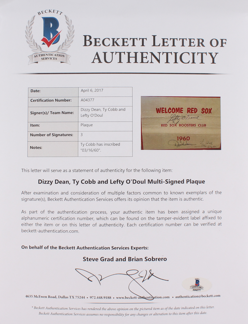 Dizzy Dean, Ty Cobb & Lefty O'Doul Signed 1960 Red Sox 7x5 Boosters Club Plaque (Beckett LOA) at PristineAuction.com Dizzy Dean, Ty Cobb & Lefty O'Doul Signed 1960 Red Sox 7x5 Boosters Club Plaque (Beckett LOA) at PristineAuction.com