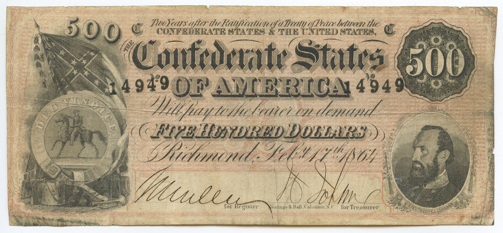 1864 $500 Five Hundred Dollars Confederate States of America Richmond CSA Bank Note Bill at PristineAuction.com 1864 $500 Five Hundred Dollars Confederate States of America Richmond CSA Bank Note Bill at PristineAuction.com