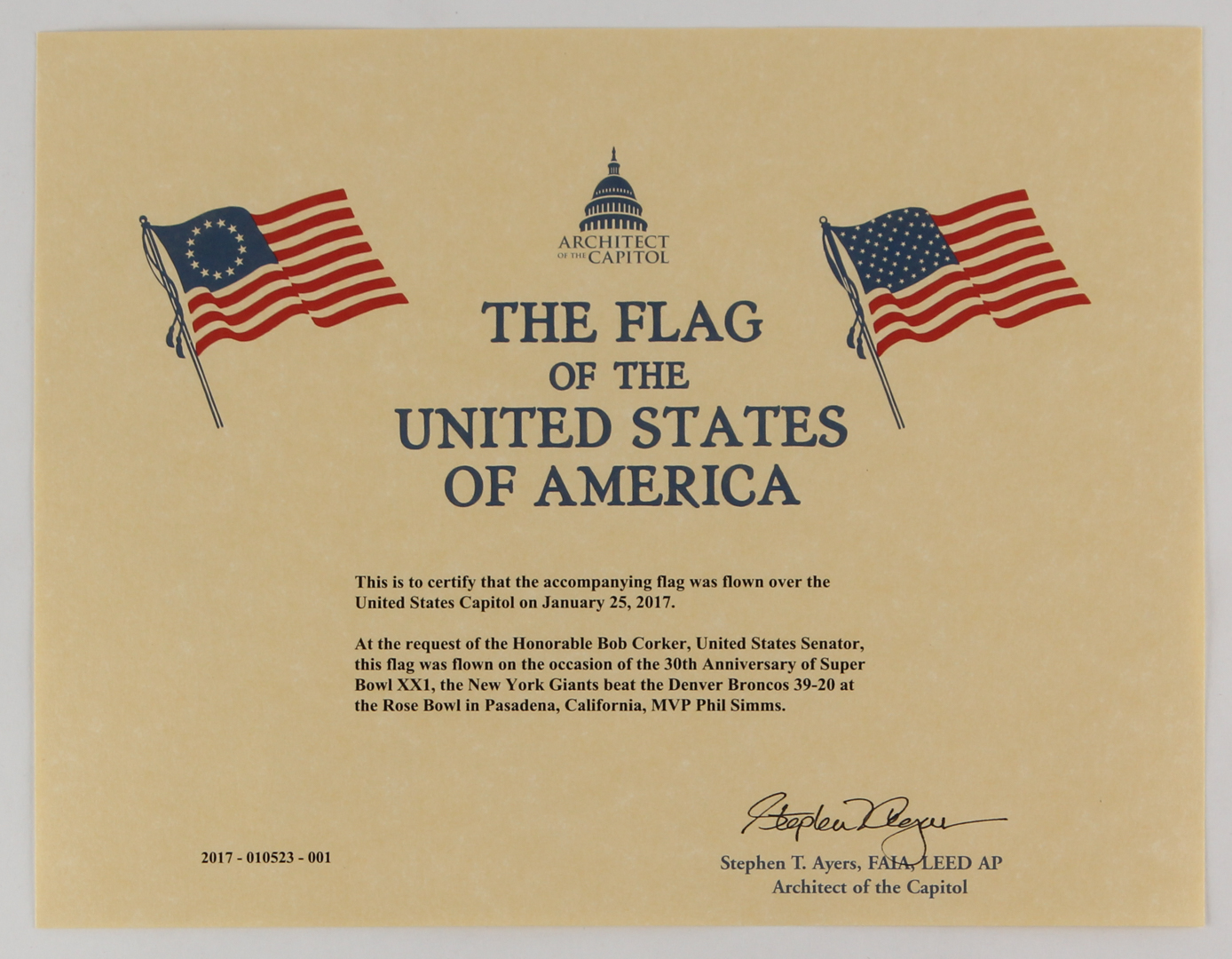 American Flag Flown Over the Capitol on January 25, 2017 (Architect of the Capitol COA) at PristineAuction.com American Flag Flown Over the Capitol on January 25, 2017 (Architect of the Capitol COA) at PristineAuction.com
