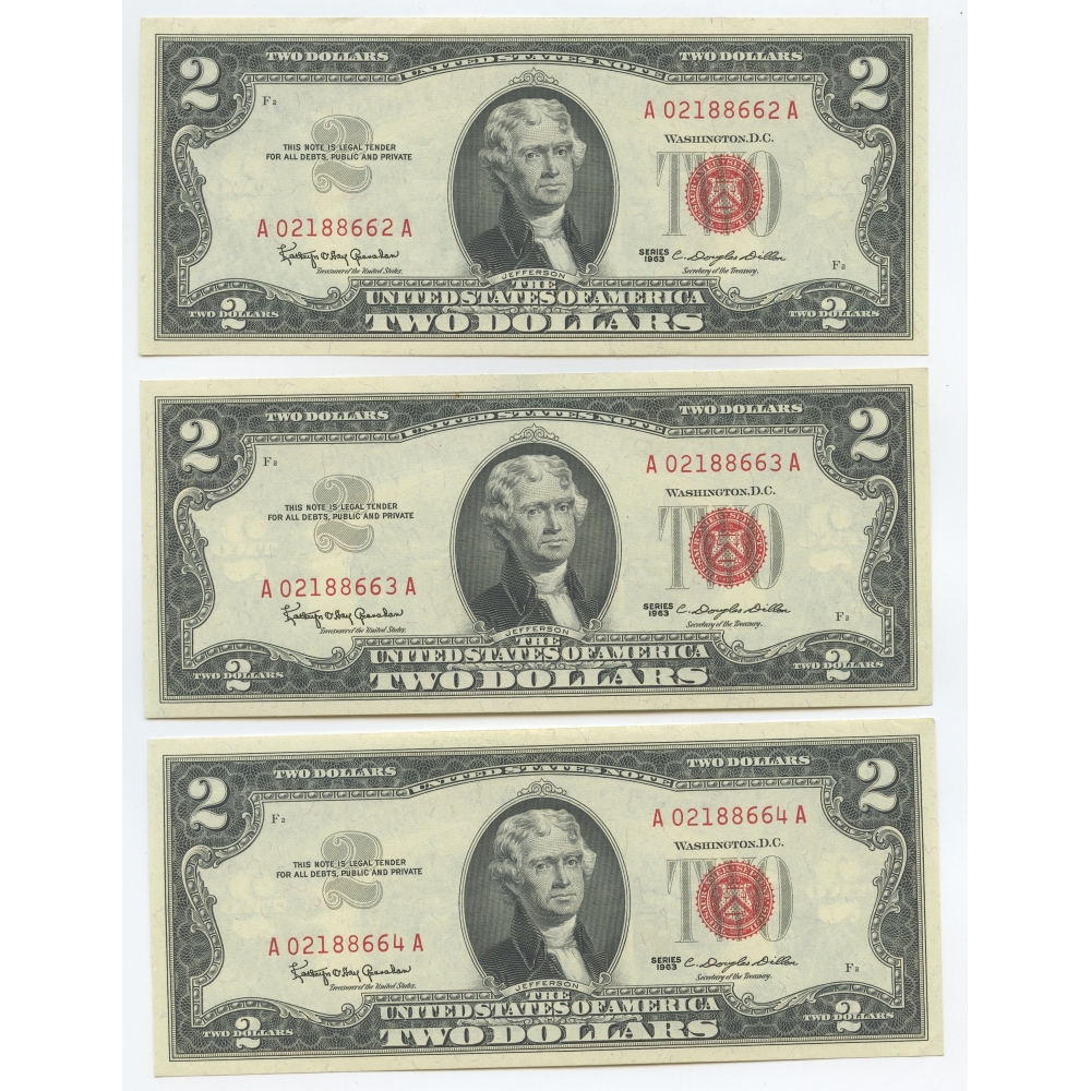 3 UNCIRCULATED CRISP $2 NOTES TWO DOLLAR BILL CONSECUTIVE SERIAL NUMBER