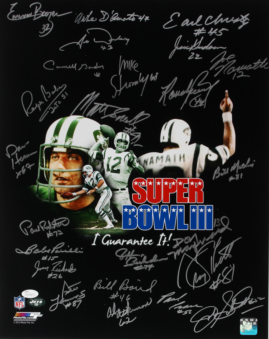Super Bowl III New York Jets "I Guarantee It" 16x20 Photo Signed by (24) With Joe Namath, Al Atkinson, Bill Mathis (JSA COA) at PristineAuction.com Super Bowl III New York Jets "I Guarantee It" 16x20 Photo Signed by (24) With Joe Namath, Al Atkinson, Bill Mathis (JSA COA) at PristineAuction.com