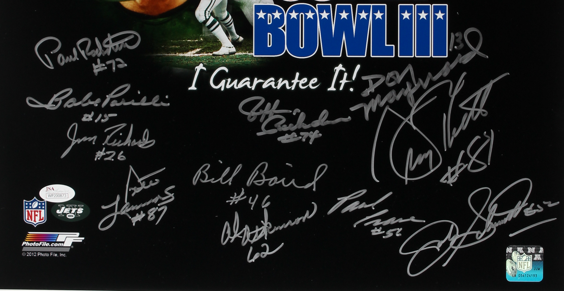 Super Bowl III New York Jets "I Guarantee It" 16x20 Photo Signed by (24) With Joe Namath, Al Atkinson, Bill Mathis (JSA COA) at PristineAuction.com Super Bowl III New York Jets "I Guarantee It" 16x20 Photo Signed by (24) With Joe Namath, Al Atkinson, Bill Mathis (JSA COA) at PristineAuction.com