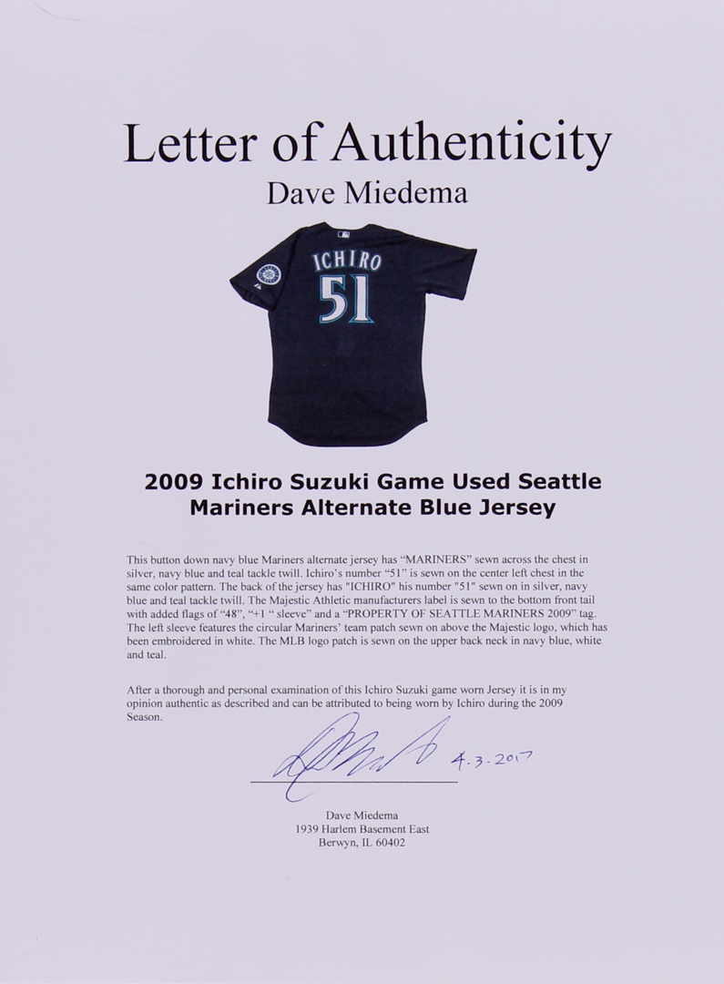 Ichiro Suzuki Mariners 2009 Game-Used Jersey (Miedema LOA) at PristineAuction.com Ichiro Suzuki Mariners 2009 Game-Used Jersey (Miedema LOA) at PristineAuction.com