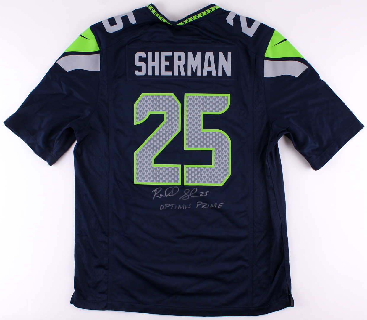 Richard Sherman Signed Seahawks Jersey Inscribed "Optimus Prime" (Sherman COA) at PristineAuction.com Richard Sherman Signed Seahawks Jersey Inscribed "Optimus Prime" (Sherman COA) at PristineAuction.com