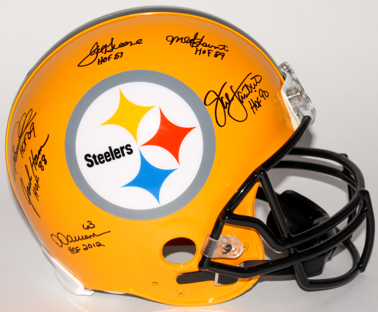 Steelers Full Size Authentic On-Field Football Helmet Signed By (6) With Jack Lambert, Mel Blount, Joe Greene, Rod Woodson, Jack Ham & Dermontti Dawson (JSA COA) at PristineAuction.com Steelers Full Size Authentic On-Field Football Helmet Signed By (6) With Jack Lambert, Mel Blount, Joe Greene, Rod Woodson, Jack Ham & Dermontti Dawson (JSA COA) at PristineAuction.com