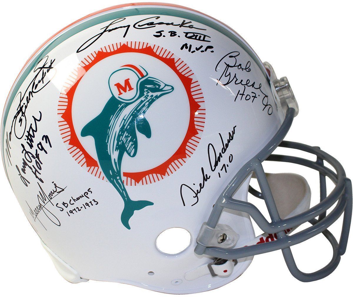 1972 Dolphins Full-Size Authentic On-Field Helmet Team-Signed by (6) with Bob Griese, Larry Csonka, Manny Fernandez, Mercury Morris, Larry Little, Dick Anderson with Inscriptions (Steiner Hologram) at PristineAuction.com 1972 Dolphins Full-Size Authentic On-Field Helmet Team-Signed by (6) with Bob Griese, Larry Csonka, Manny Fernandez, Mercury Morris, Larry Little, Dick Anderson with Inscriptions (Steiner Hologram) at PristineAuction.com