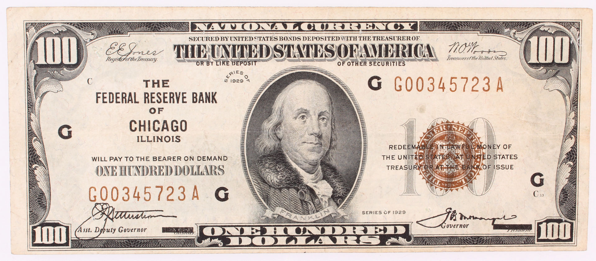 1929 $100 One-Hundred Dollar Brown Seal United States National Currency Bank Note (The Federal Reserve Bank of Chicago, Illinois) at PristineAuction.com 1929 $100 One-Hundred Dollar Brown Seal United States National Currency Bank Note (The Federal Reserve Bank of Chicago, Illinois) at PristineAuction.com