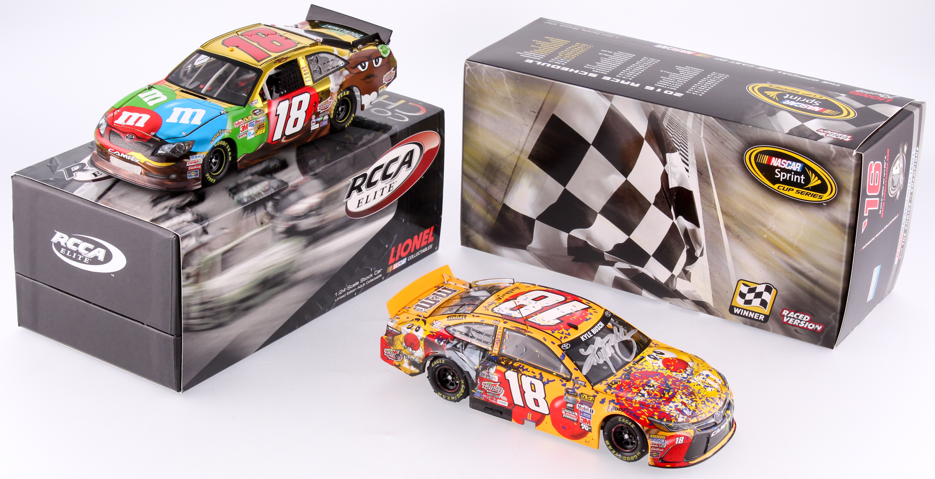 Kyle Busch Signed LE Red Nose Day Kansas Win 2016 Camry #18 M&M's Die-Cast Car with LE Color Chrome Elite 2012 Camry #18 M&M's Die-Cast Car (Action COA) at PristineAuction.com Kyle Busch Signed LE Red Nose Day Kansas Win 2016 Camry #18 M&M's Die-Cast Car with LE Color Chrome Elite 2012 Camry #18 M&M's Die-Cast Car (Action COA) at PristineAuction.com