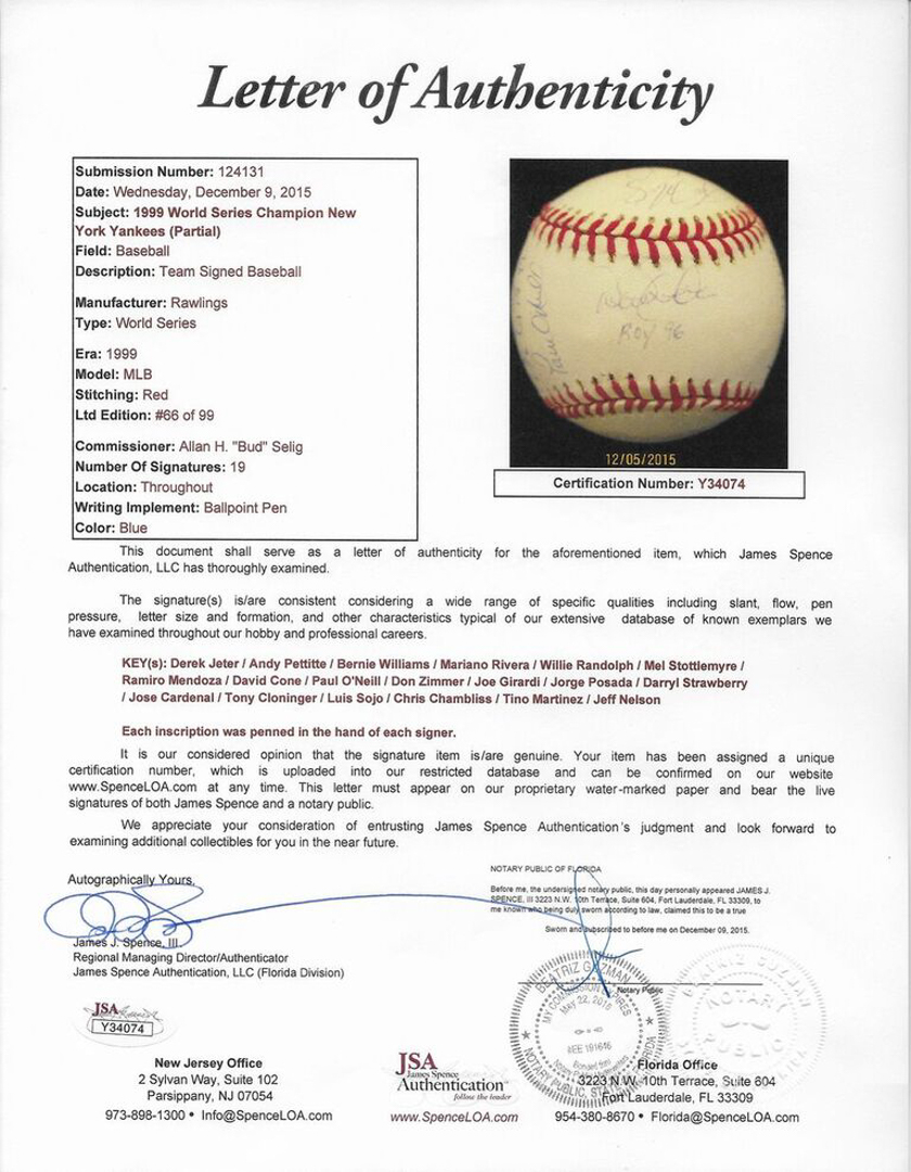 1999 New York Yankees LE 1999 World Series Baseball Team-Signed by (19) with Derek Jeter, Andy Pettitte, Mariano Rivera, Jorge Posada, Bernie Williams (JSA LOA) at PristineAuction.com 1999 New York Yankees LE 1999 World Series Baseball Team-Signed by (19) with Derek Jeter, Andy Pettitte, Mariano Rivera, Jorge Posada, Bernie Williams (JSA LOA) at PristineAuction.com