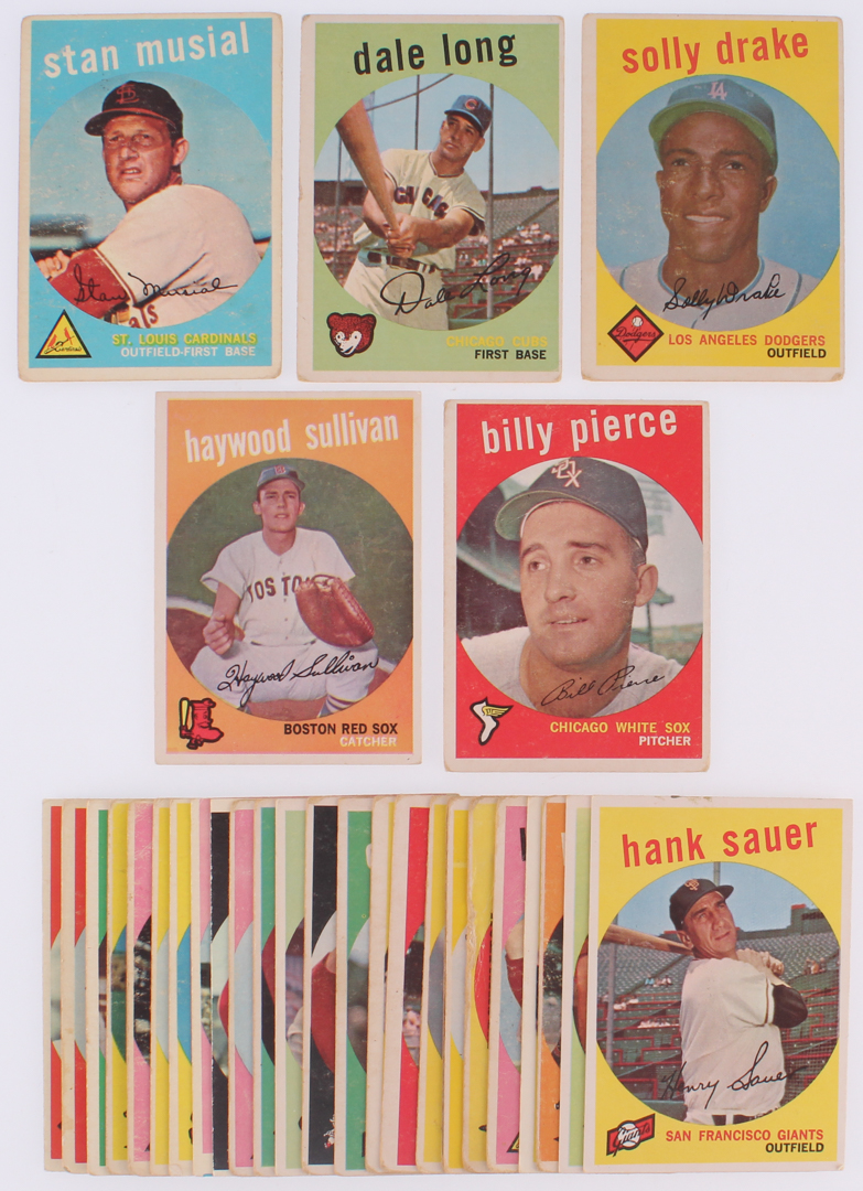 Lot of (30) 1959 Topps Baseball Cards with #150 Stan Musial, #410 Billy Pierce, #414 Dale Long, #406 Solly Drake, #416 Haywood Sullivan at PristineAuction.com Lot of (30) 1959 Topps Baseball Cards with #150 Stan Musial, #410 Billy Pierce, #414 Dale Long, #406 Solly Drake, #416 Haywood Sullivan at PristineAuction.com