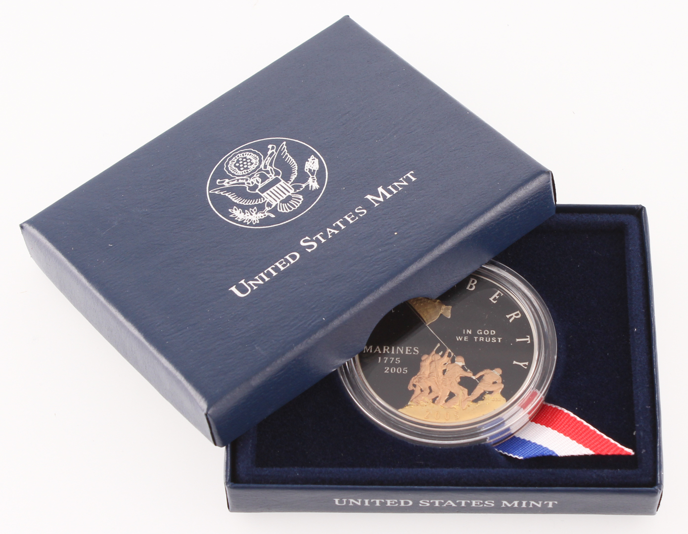2005 Custom Marine Corps 230th Anniversary Silver Dollar with Case (Uncirculated) at PristineAuction.com 2005 Custom Marine Corps 230th Anniversary Silver Dollar with Case (Uncirculated) at PristineAuction.com