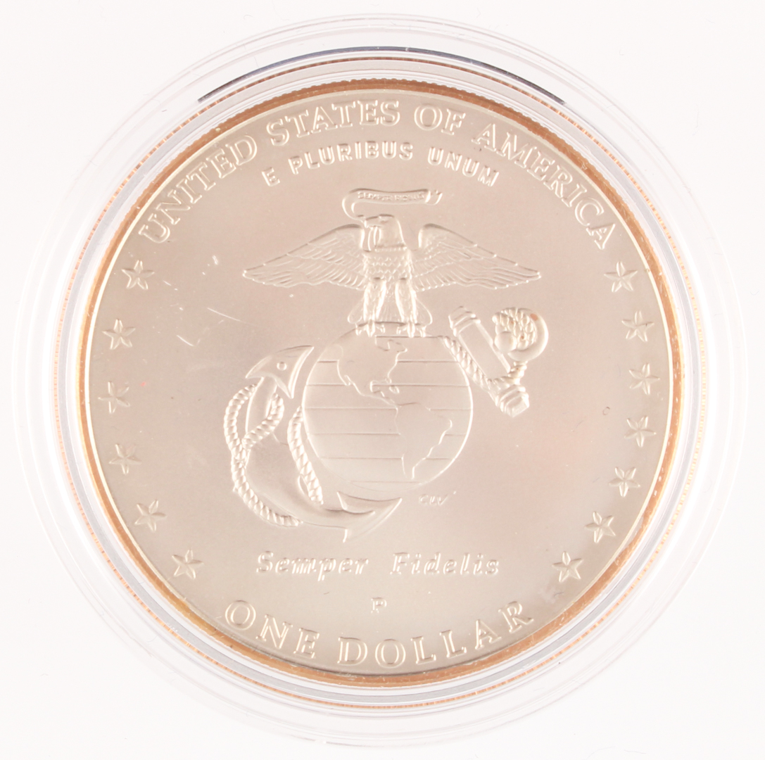 2005 Custom Marine Corps 230th Anniversary Silver Dollar with Case (Uncirculated) at PristineAuction.com 2005 Custom Marine Corps 230th Anniversary Silver Dollar with Case (Uncirculated) at PristineAuction.com