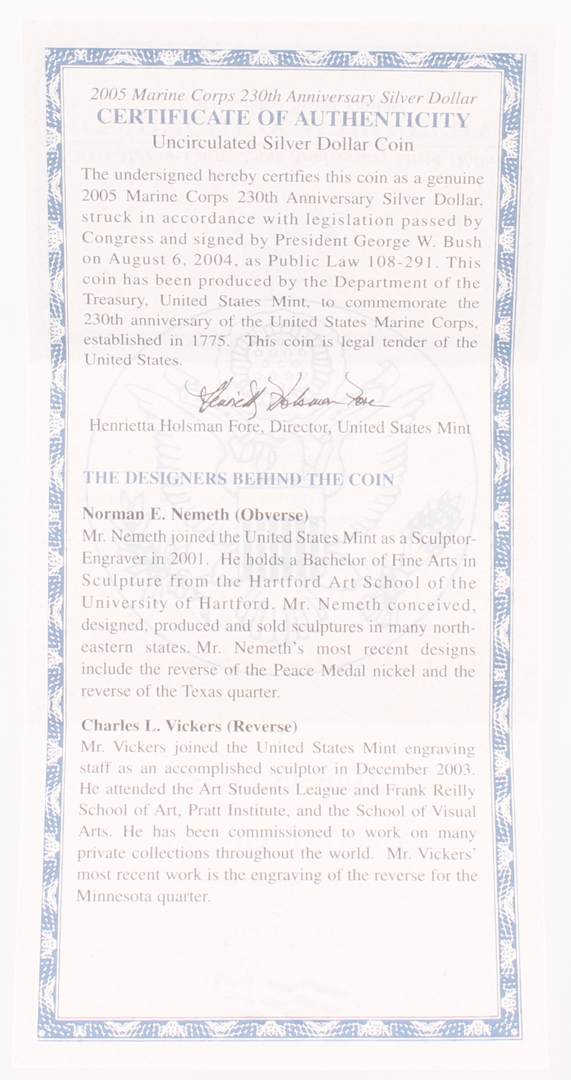 2005 Custom Marine Corps 230th Anniversary Silver Dollar with Case (Uncirculated) at PristineAuction.com 2005 Custom Marine Corps 230th Anniversary Silver Dollar with Case (Uncirculated) at PristineAuction.com