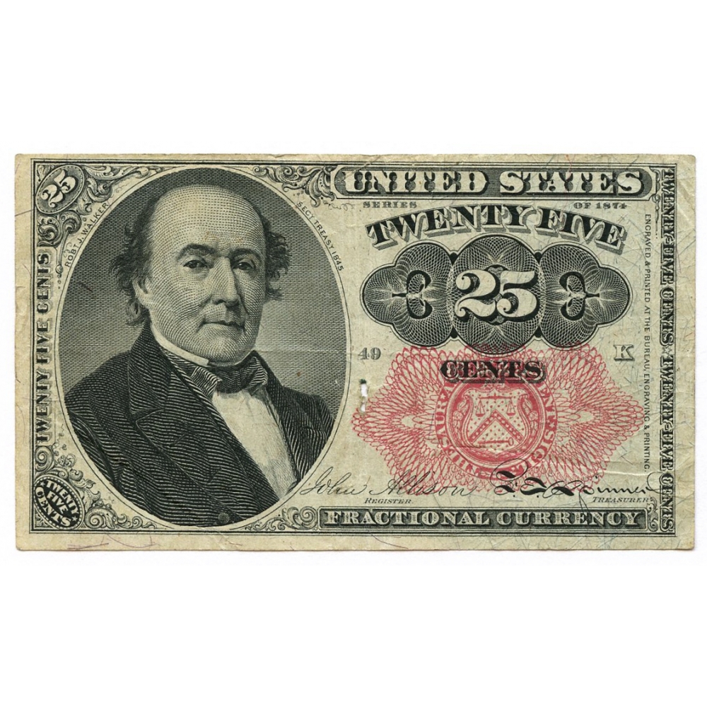 1874 United States 25¢ Twenty Five Cents Fractional Bank Note Bill ...