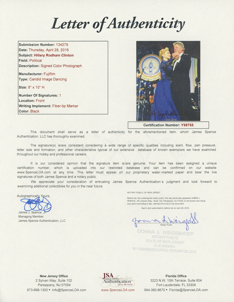 Hillary Clinton Signed 8x10 Photo With Full-Name Signature (JSA LOA) at PristineAuction.com Hillary Clinton Signed 8x10 Photo With Full-Name Signature (JSA LOA) at PristineAuction.com