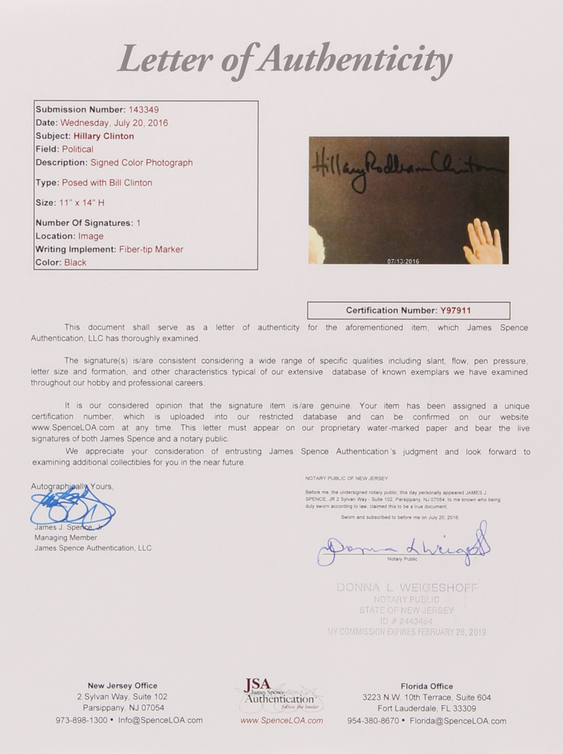 Hillary Clinton Signed 11x14 Photo with Full Name Signature (JSA LOA) at PristineAuction.com Hillary Clinton Signed 11x14 Photo with Full Name Signature (JSA LOA) at PristineAuction.com