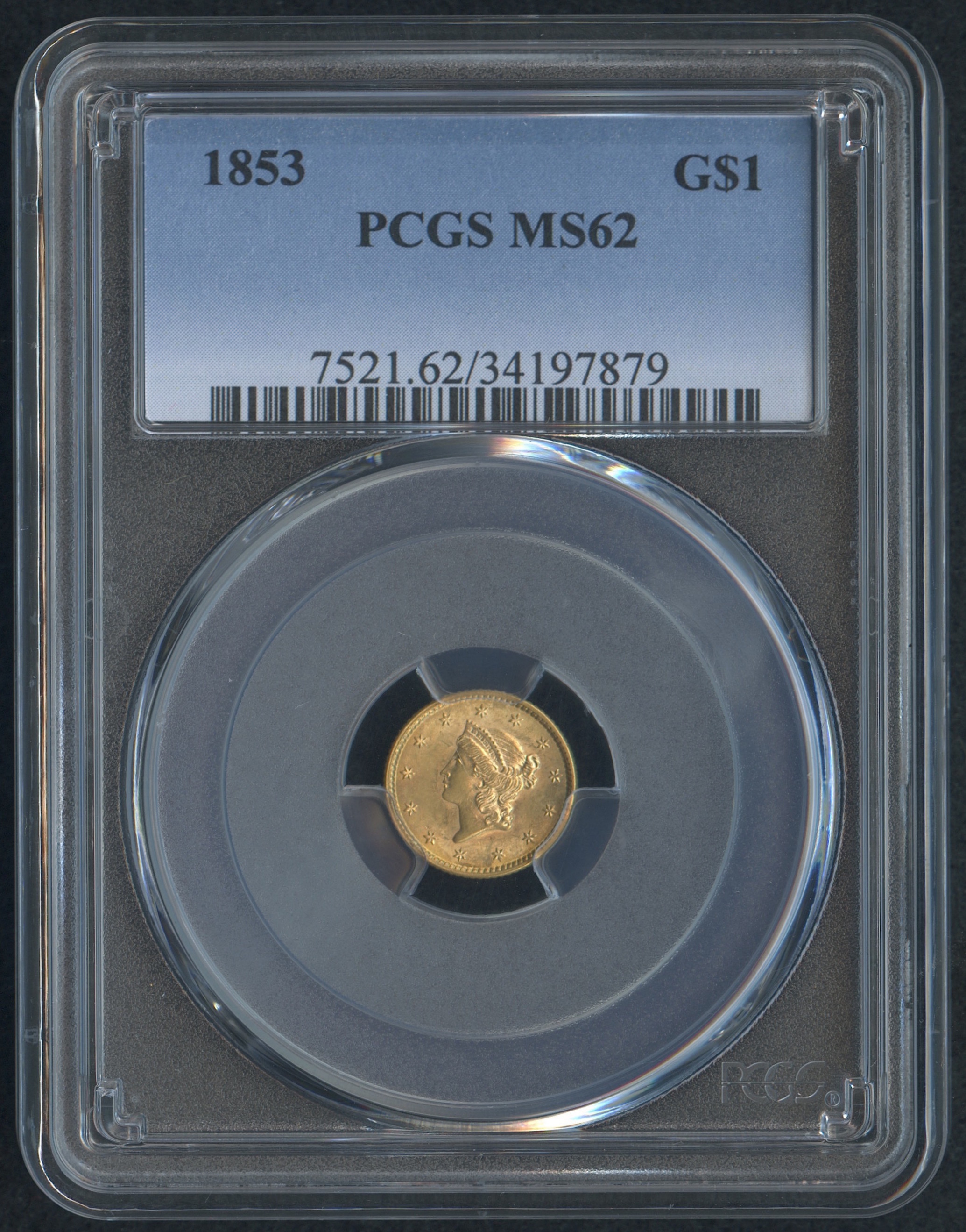 1853 $1 One Dollar Liberty Head Type 1 Gold Coin (PCGS MS 62) at PristineAuction.com 1853 $1 One Dollar Liberty Head Type 1 Gold Coin (PCGS MS 62) at PristineAuction.com
