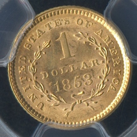 1853 $1 One Dollar Liberty Head Type 1 Gold Coin (PCGS MS 62) at PristineAuction.com 1853 $1 One Dollar Liberty Head Type 1 Gold Coin (PCGS MS 62) at PristineAuction.com
