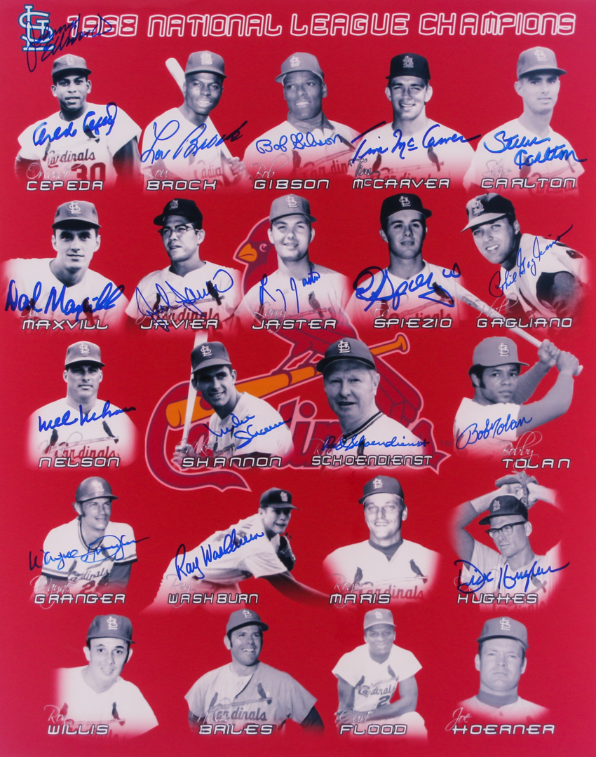 St. Louis Cardinals 1968 National League Champions 16x20 Photo Signed by (18) with Lou Brock, Bob Gibson, Steve Carlton, Red Schoendienst (JSA ALOA) at PristineAuction.com St. Louis Cardinals 1968 National League Champions 16x20 Photo Signed by (18) with Lou Brock, Bob Gibson, Steve Carlton, Red Schoendienst (JSA ALOA) at PristineAuction.com