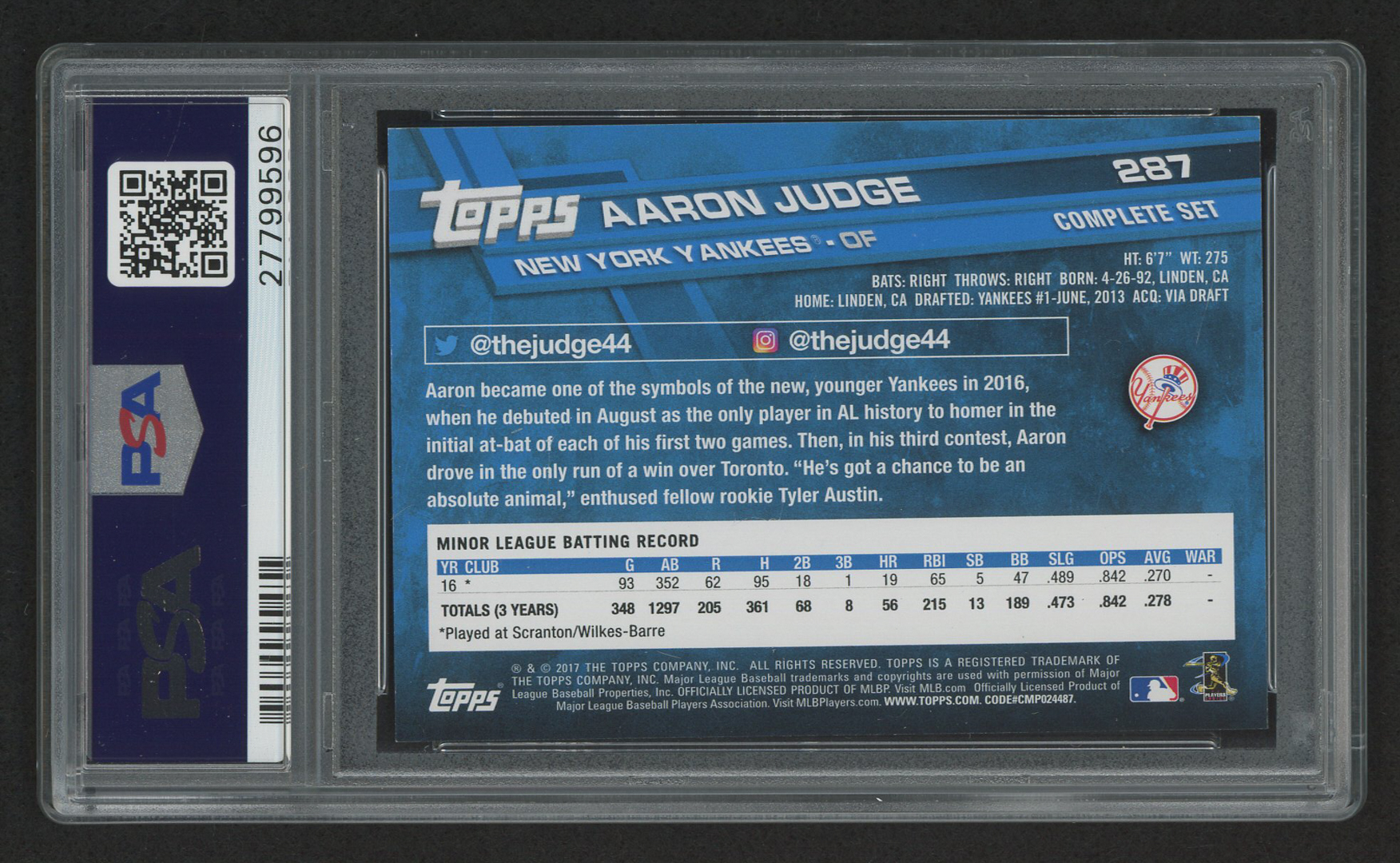 2017 Topps #287 Aaron Judge RC (PSA 9) at PristineAuction.com 2017 Topps #287 Aaron Judge RC (PSA 9) at PristineAuction.com