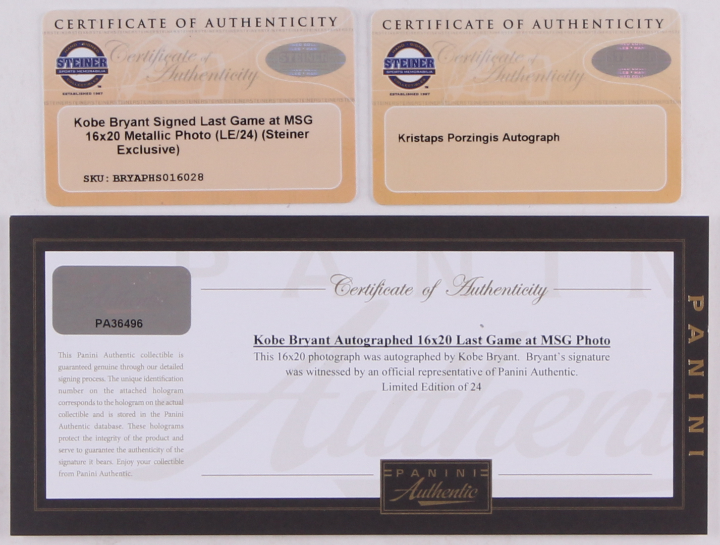Kobe Bryant & Kristaps Porzingis Signed LE "Kobe's Last Game at Madison Square Garden" 16x20 Photo (Panini COA & Steiner COA) at PristineAuction.com Kobe Bryant & Kristaps Porzingis Signed LE "Kobe's Last Game at Madison Square Garden" 16x20 Photo (Panini COA & Steiner COA) at PristineAuction.com