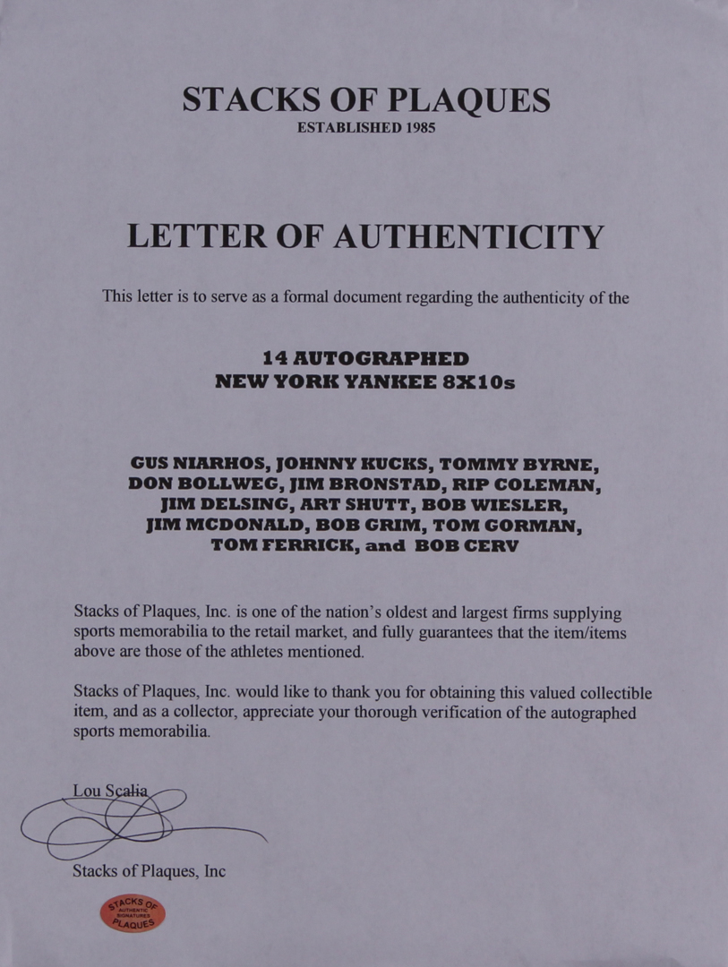 Lot of (14) Yankees 8x10 Photos with Gus Niarhos, Johnny Kucks, Tommy Byrne, Don Bollweg, Jim Bronstad (Stacks of Plaques COA) at PristineAuction.com Lot of (14) Yankees 8x10 Photos with Gus Niarhos, Johnny Kucks, Tommy Byrne, Don Bollweg, Jim Bronstad (Stacks of Plaques COA) at PristineAuction.com