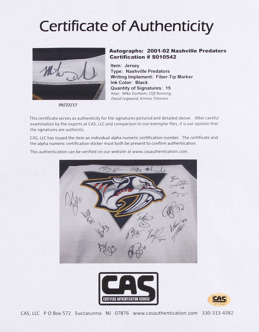2001-02 Nashville Predators Jersey Team-Signed by (15) with Mike Dunham, Tom Fitzgerald, Bill Houlder, Kimmo Timonen, Filip Forsberg, Cliff Ronning, David Legwand, Kimmo Timonen (CAS ALOA) at PristineAuction.com 2001-02 Nashville Predators Jersey Team-Signed by (15) with Mike Dunham, Tom Fitzgerald, Bill Houlder, Kimmo Timonen, Filip Forsberg, Cliff Ronning, David Legwand, Kimmo Timonen (CAS ALOA) at PristineAuction.com